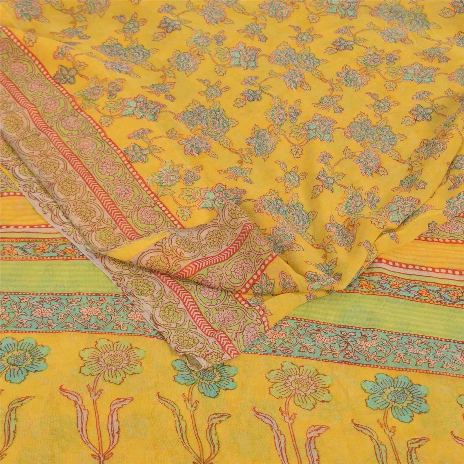 Sanskriti Vintage Sarees Yellow Pure Georgette Silk Print Sari 5+yd Craft Fabric