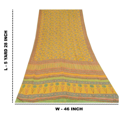 Sanskriti Vintage Sarees Yellow Pure Georgette Silk Print Sari 5+yd Craft Fabric