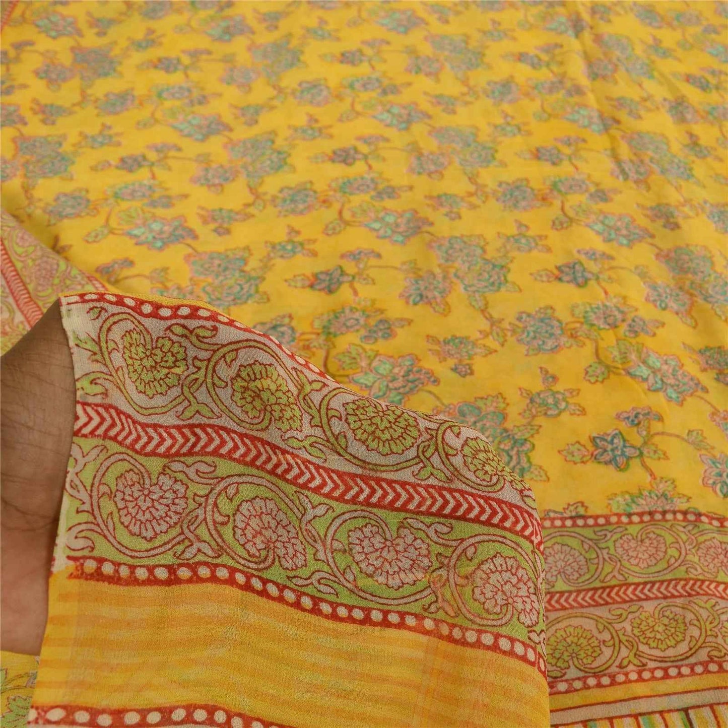 Sanskriti Vintage Sarees Yellow Pure Georgette Silk Print Sari 5+yd Craft Fabric