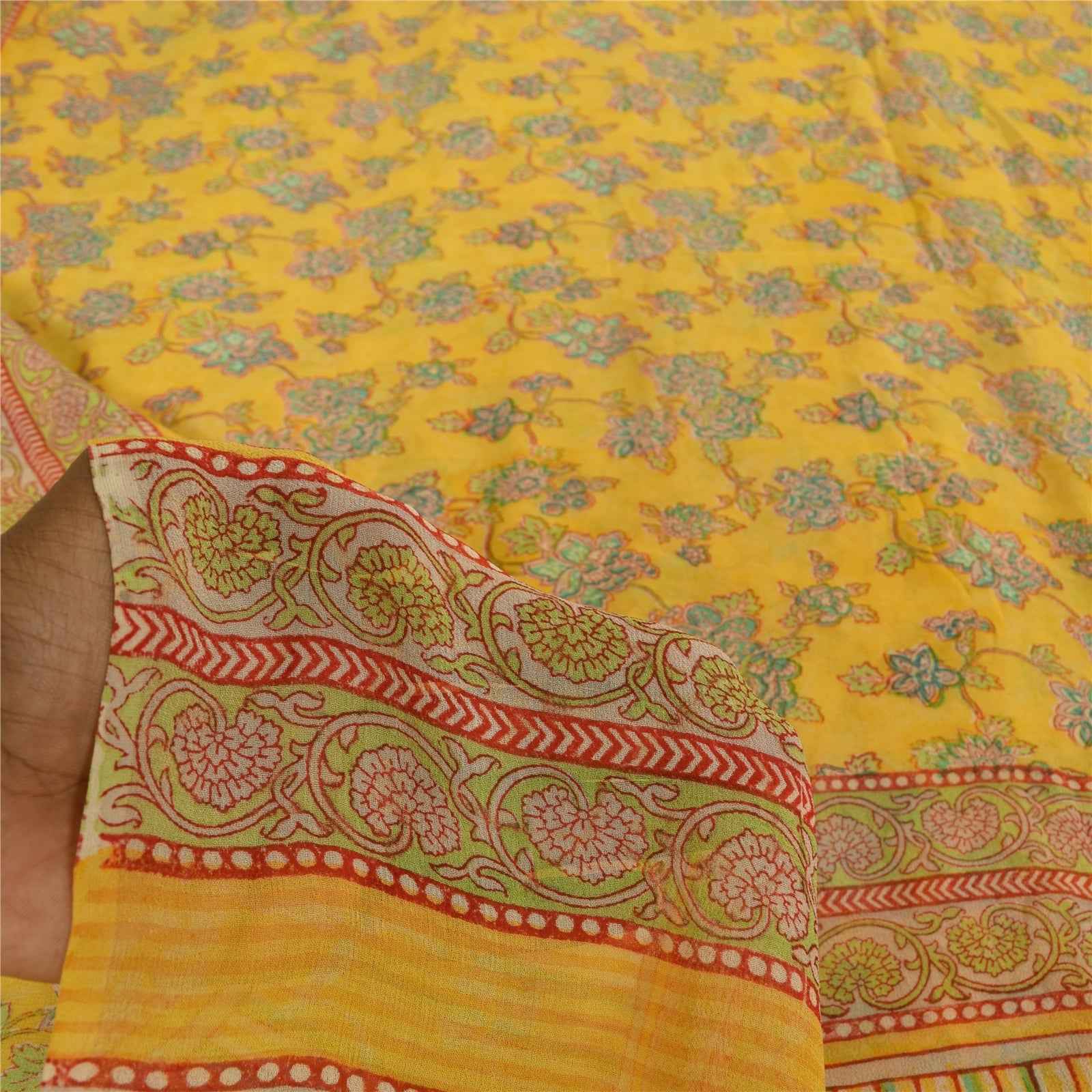 Sanskriti Vintage Sarees Yellow Pure Georgette Silk Print Sari 5+yd Craft Fabric