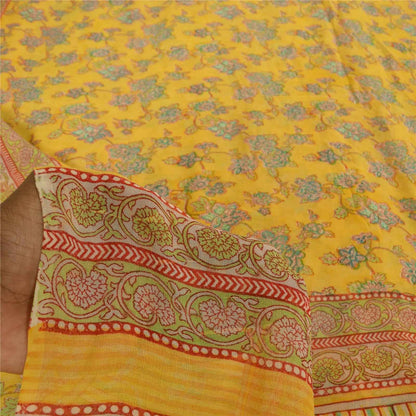 Sanskriti Vintage Sarees Yellow Pure Georgette Silk Print Sari 5+yd Craft Fabric