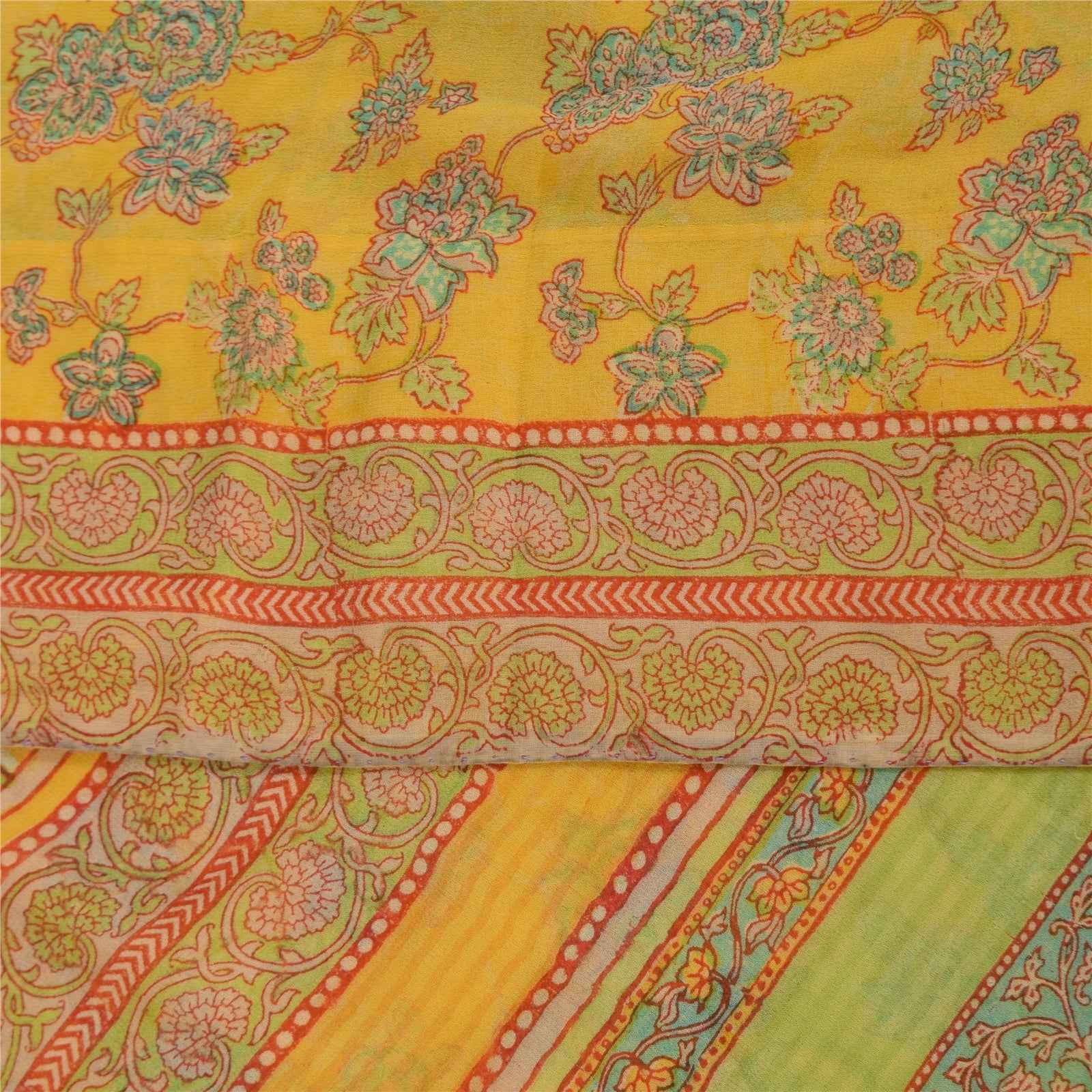 Sanskriti Vintage Sarees Yellow Pure Georgette Silk Print Sari 5+yd Craft Fabric