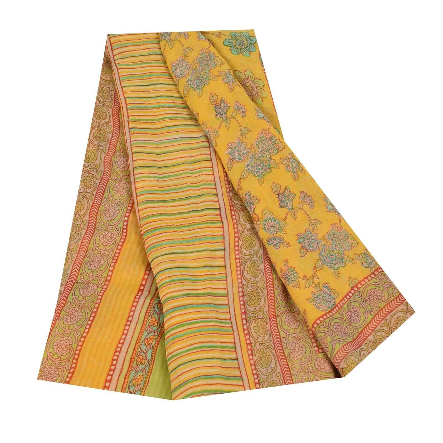 Sanskriti Vintage Sarees Yellow Pure Georgette Silk Print Sari 5+yd Craft Fabric