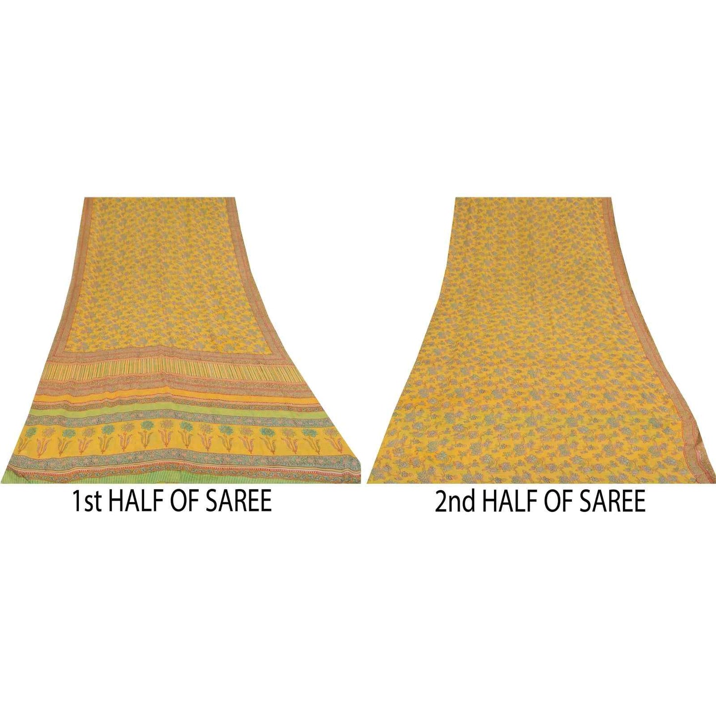 Sanskriti Vintage Sarees Yellow Pure Georgette Silk Print Sari 5+yd Craft Fabric