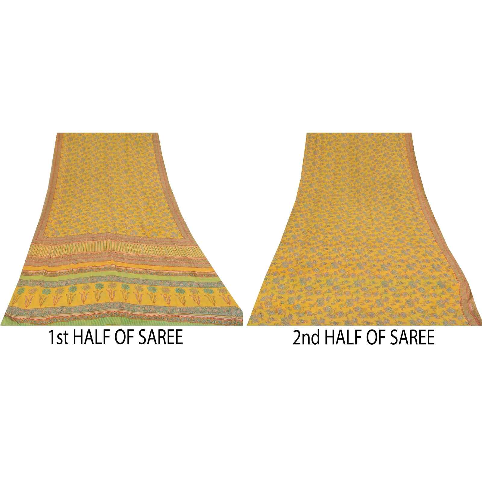 Sanskriti Vintage Sarees Yellow Pure Georgette Silk Print Sari 5+yd Craft Fabric