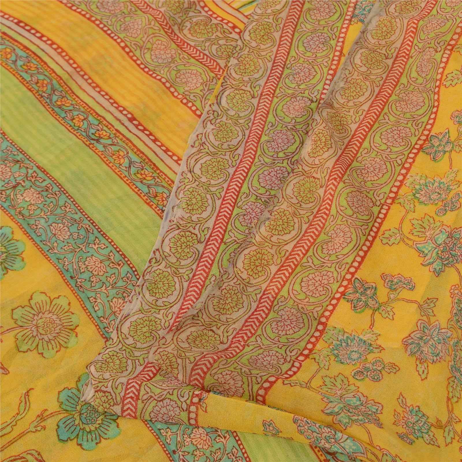 Sanskriti Vintage Sarees Yellow Pure Georgette Silk Print Sari 5+yd Craft Fabric