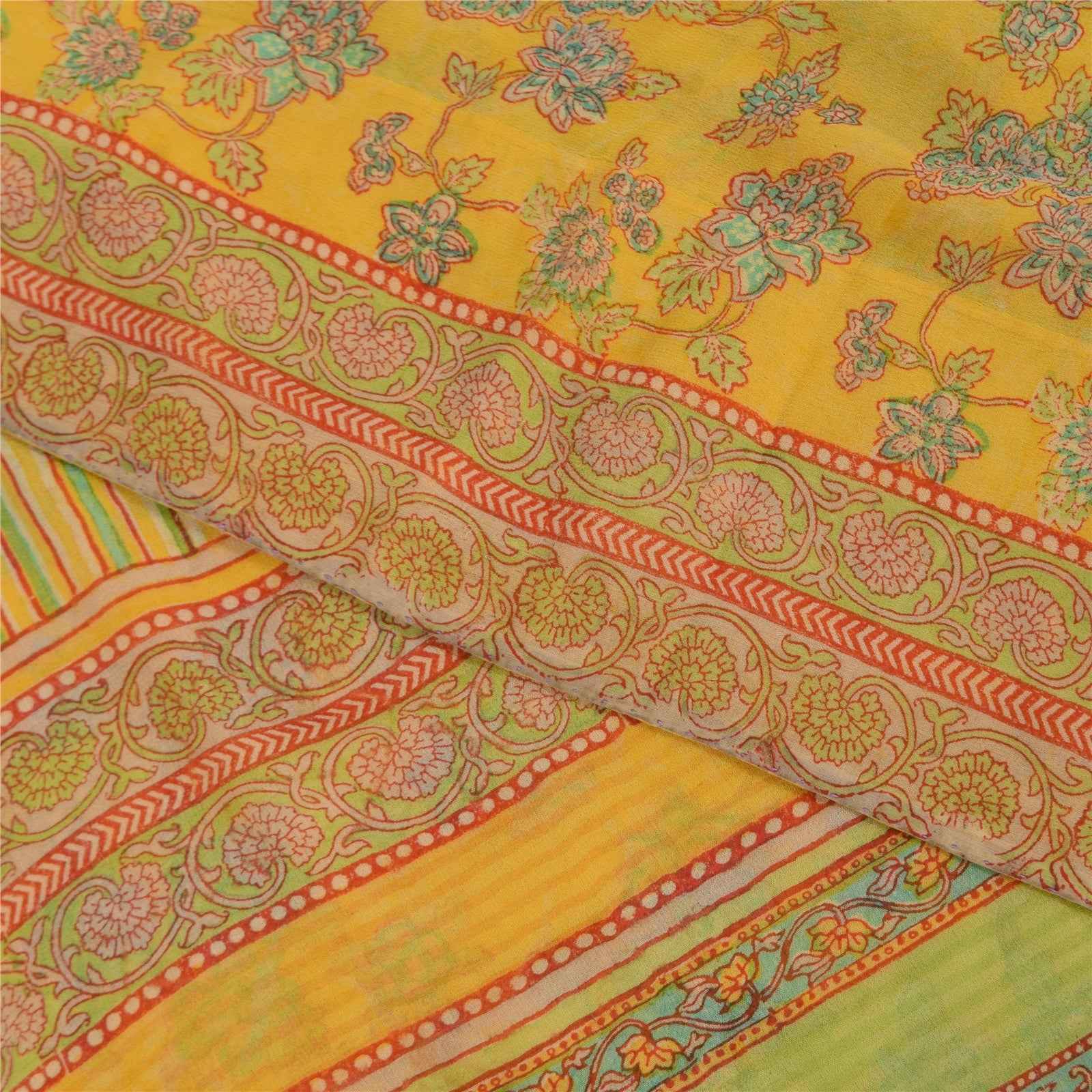 Sanskriti Vintage Sarees Yellow Pure Georgette Silk Print Sari 5+yd Craft Fabric