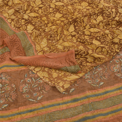 Sanskriti Vintage Sarees Brown Pure Georgette Silk Print Sari 5+yd Craft Sustainable Fabric