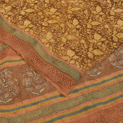 Sanskriti Vintage Sarees Brown Pure Georgette Silk Print Sari 5+yd Craft Sustainable Fabric