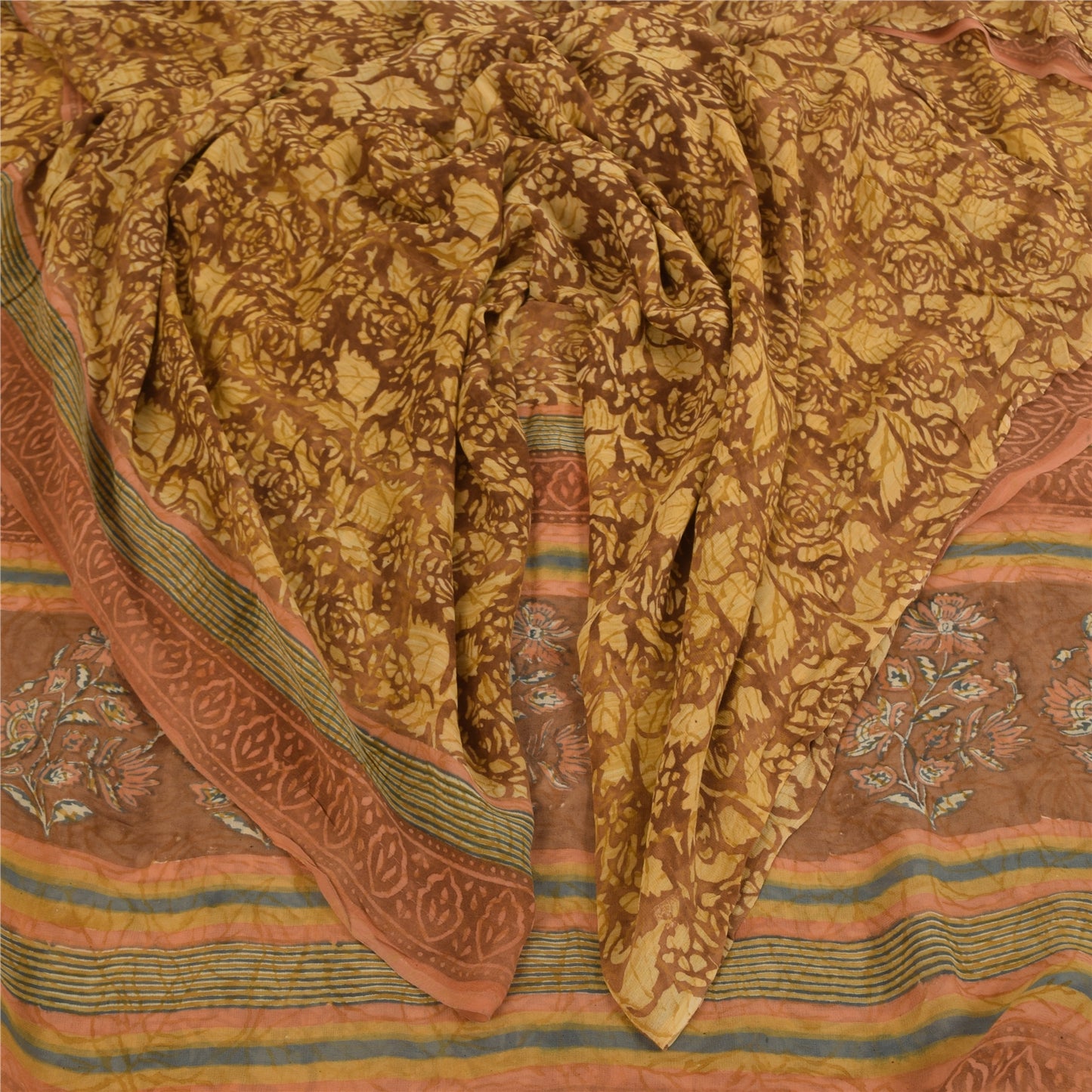 Sanskriti Vintage Sarees Brown Pure Georgette Silk Print Sari 5+yd Craft Sustainable Fabric