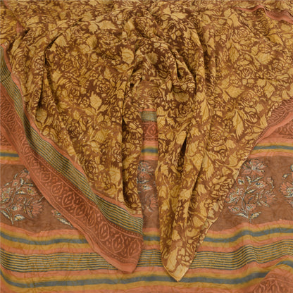 Sanskriti Vintage Sarees Brown Pure Georgette Silk Print Sari 5+yd Craft Sustainable Fabric