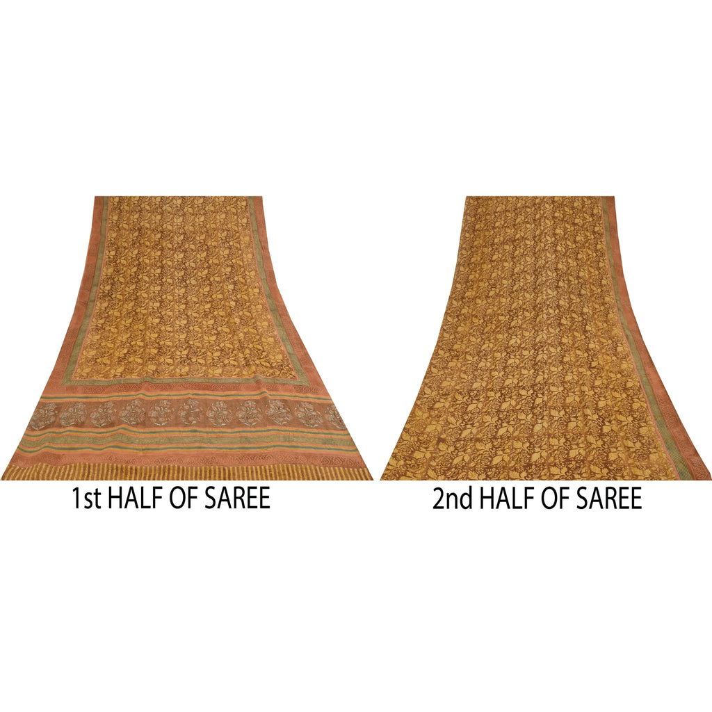 Sanskriti Vintage Sarees Brown Pure Georgette Silk Print Sari 5+yd Craft Sustainable Fabric