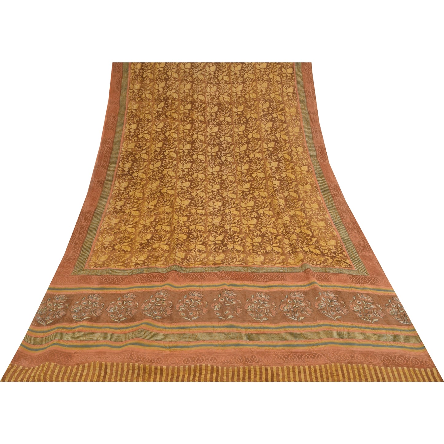 Sanskriti Vintage Sarees Brown Pure Georgette Silk Print Sari 5+yd Craft Sustainable Fabric