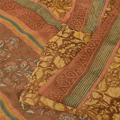 Sanskriti Vintage Sarees Brown Pure Georgette Silk Print Sari 5+yd Craft Sustainable Fabric