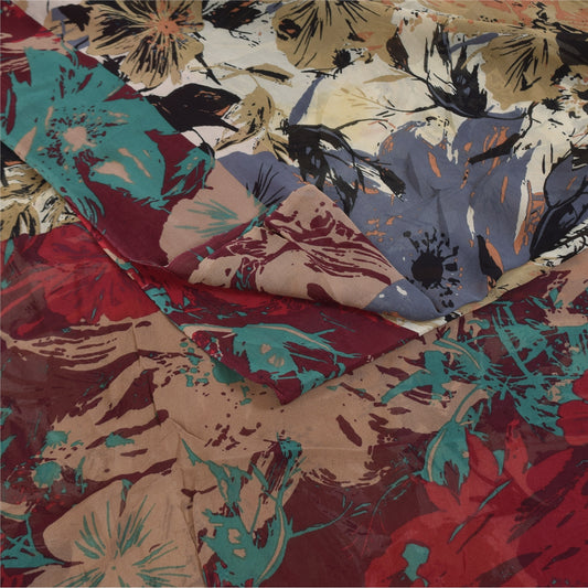 Sanskriti Vintage Sarees Ivory Pure Georgette Printed Sari 5+yd Craft Fabric