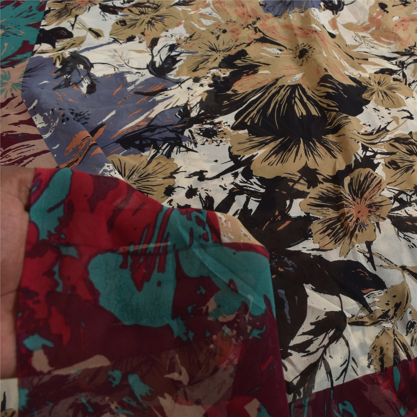 Sanskriti Vintage Sarees Ivory Pure Georgette Printed Sari 5+yd Craft Fabric