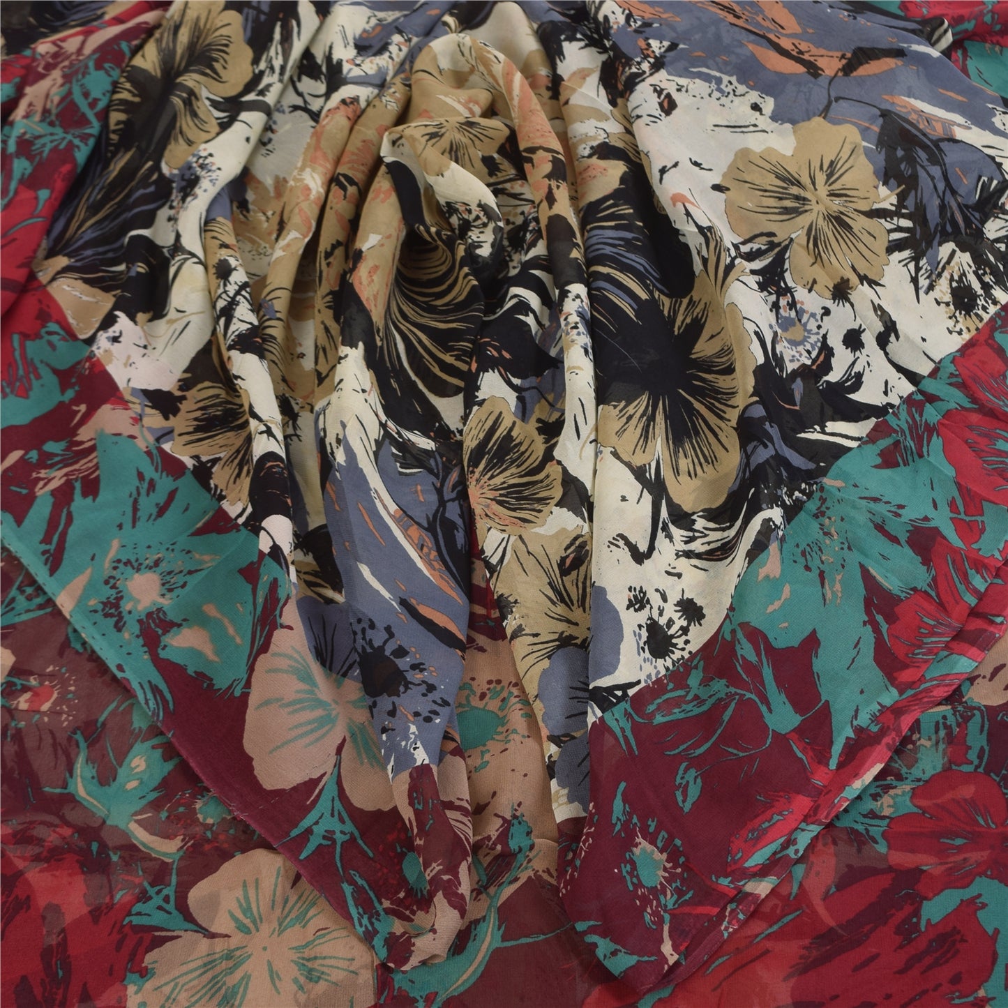 Sanskriti Vintage Sarees Ivory Pure Georgette Printed Sari 5+yd Craft Fabric