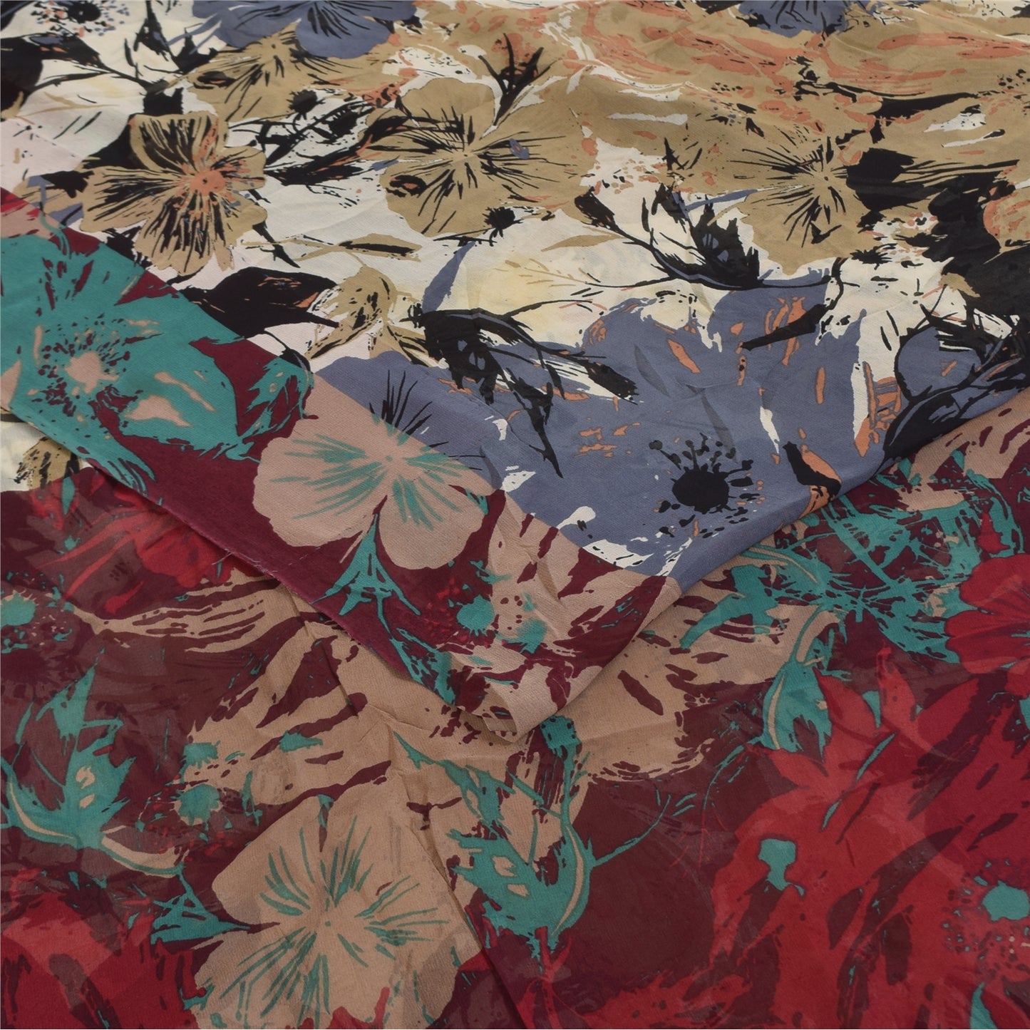 Sanskriti Vintage Sarees Ivory Pure Georgette Printed Sari 5+yd Craft Fabric