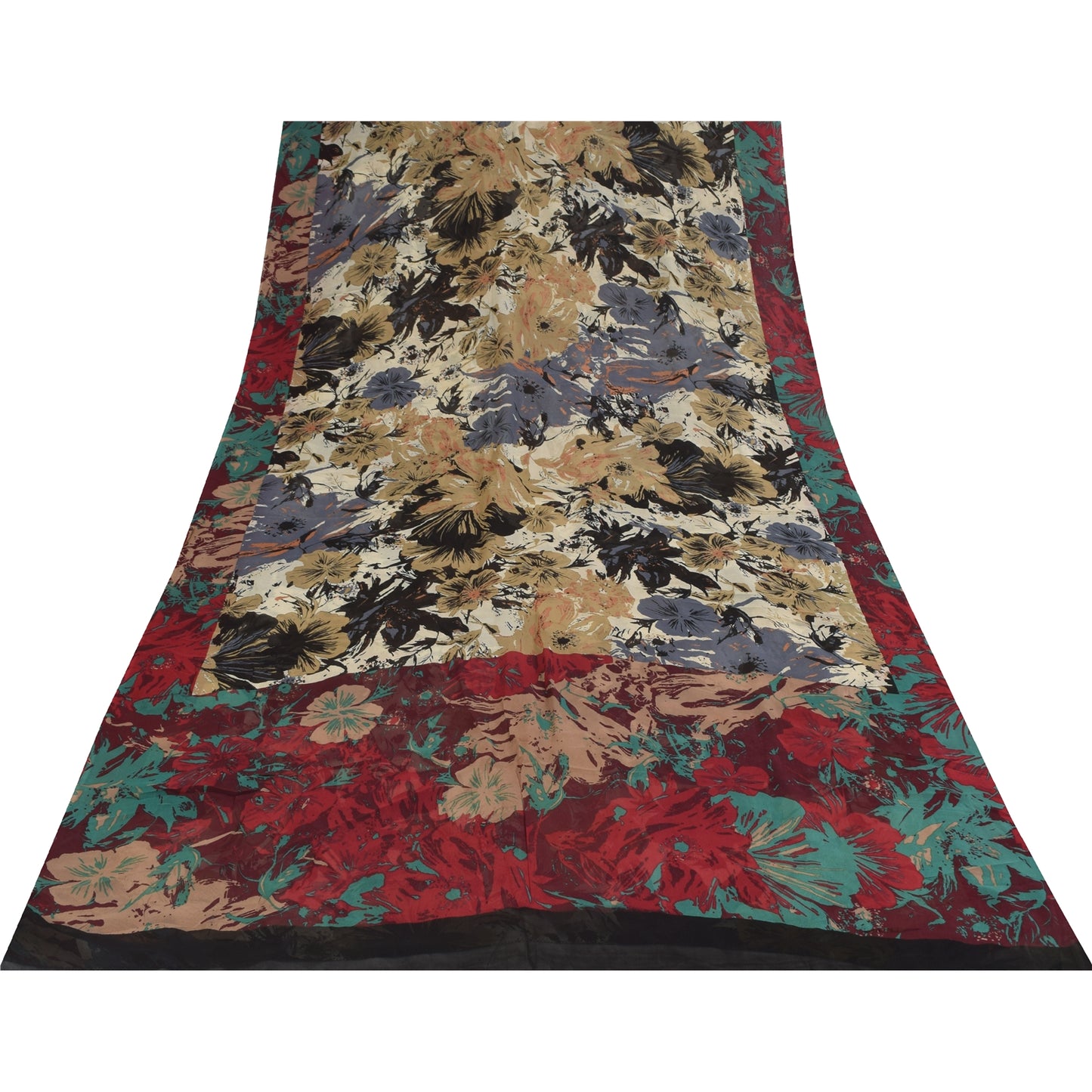 Sanskriti Vintage Sarees Ivory Pure Georgette Printed Sari 5+yd Craft Fabric