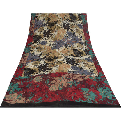 Sanskriti Vintage Sarees Ivory Pure Georgette Printed Sari 5+yd Craft Fabric