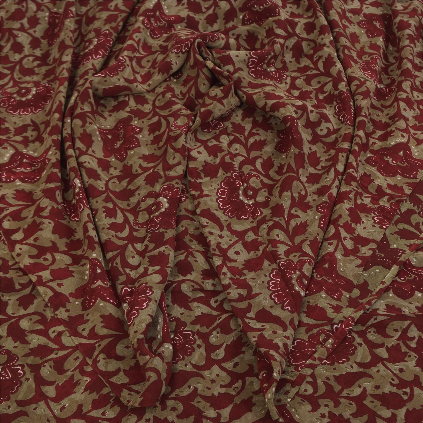 Sanskriti Vintage Sarees Red & Brown Pure Georgette Silk Print Sari 5+yd Sustainable Fabric