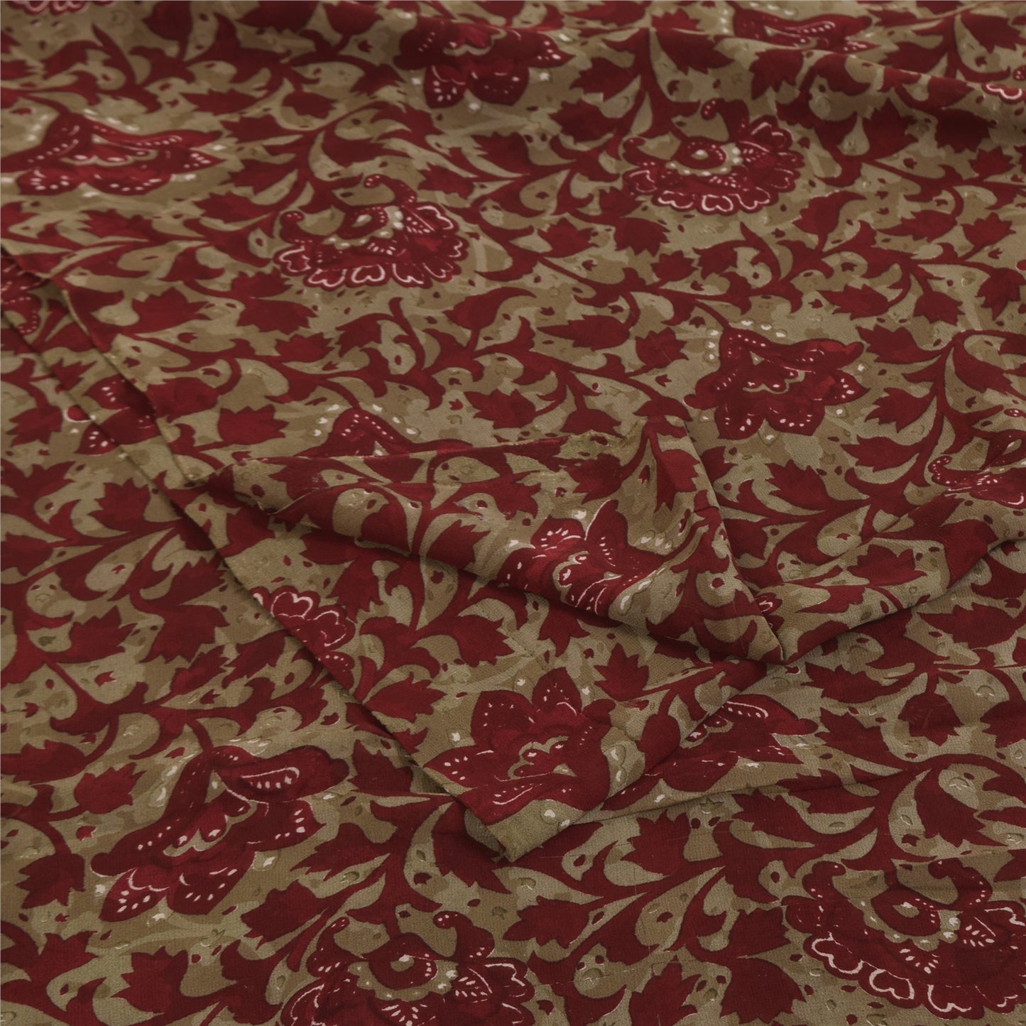 Sanskriti Vintage Sarees Red & Brown Pure Georgette Silk Print Sari 5+yd Sustainable Fabric