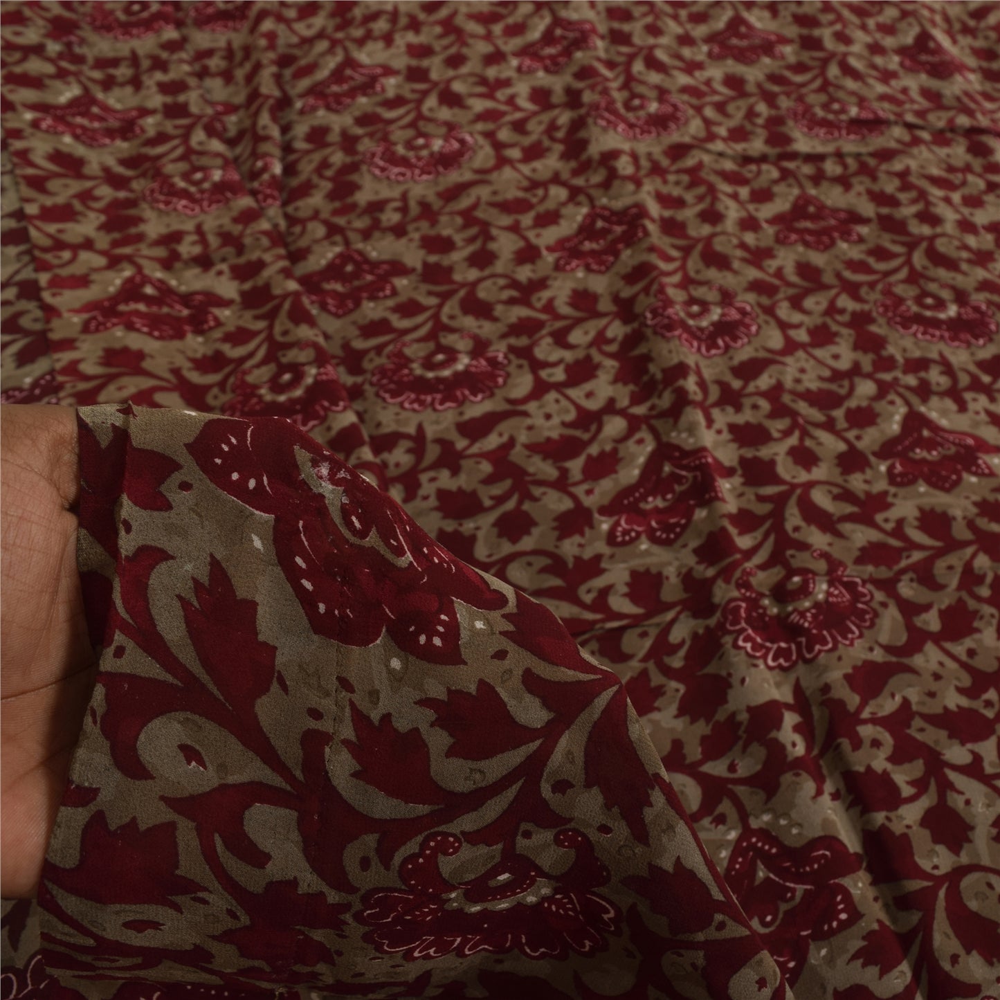 Sanskriti Vintage Sarees Red & Brown Pure Georgette Silk Print Sari 5+yd Sustainable Fabric