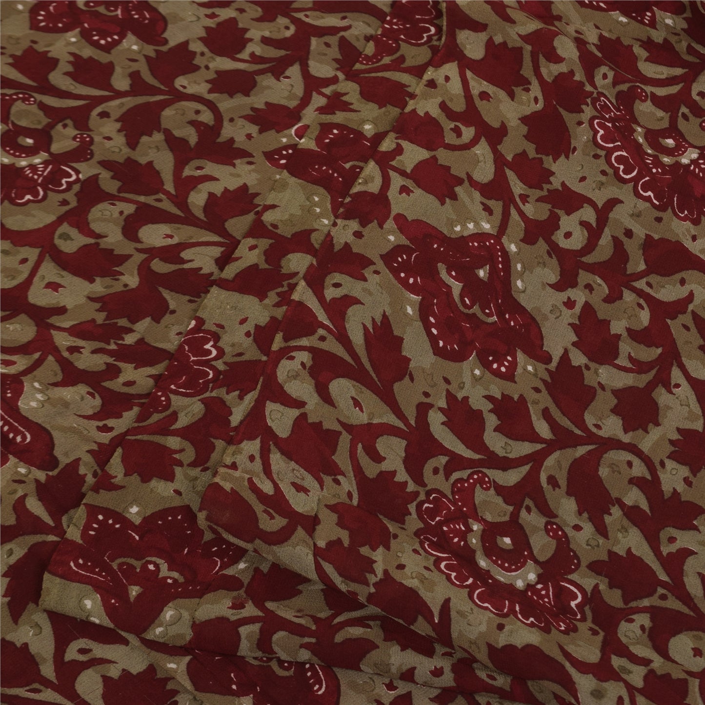 Sanskriti Vintage Sarees Red & Brown Pure Georgette Silk Print Sari 5+yd Sustainable Fabric