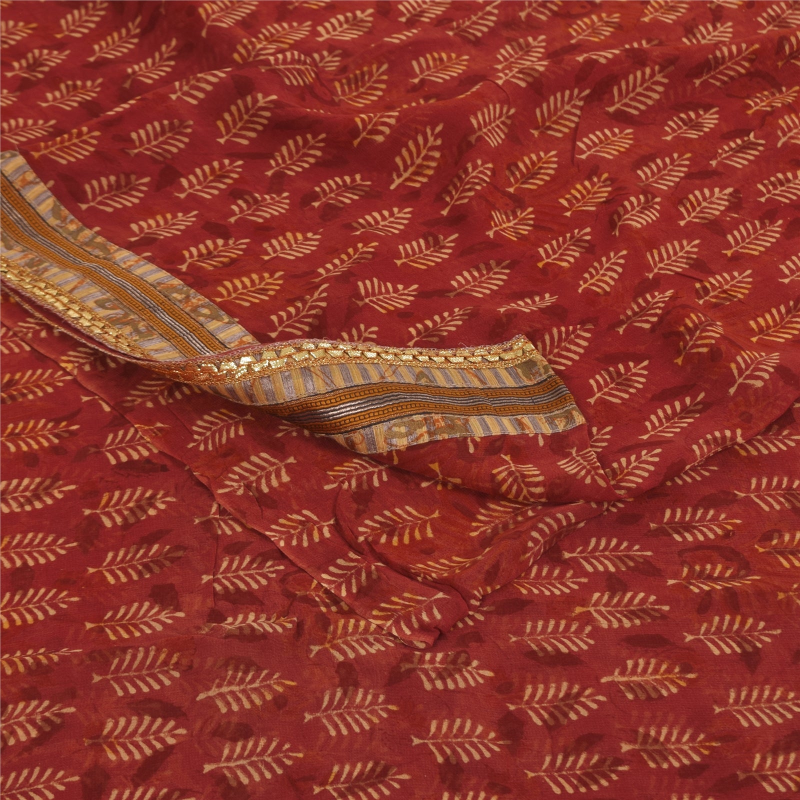 Sanskriti Vintage Sarees Red Pure Georgette Hand Block Printed Sari 5+yd Fabric