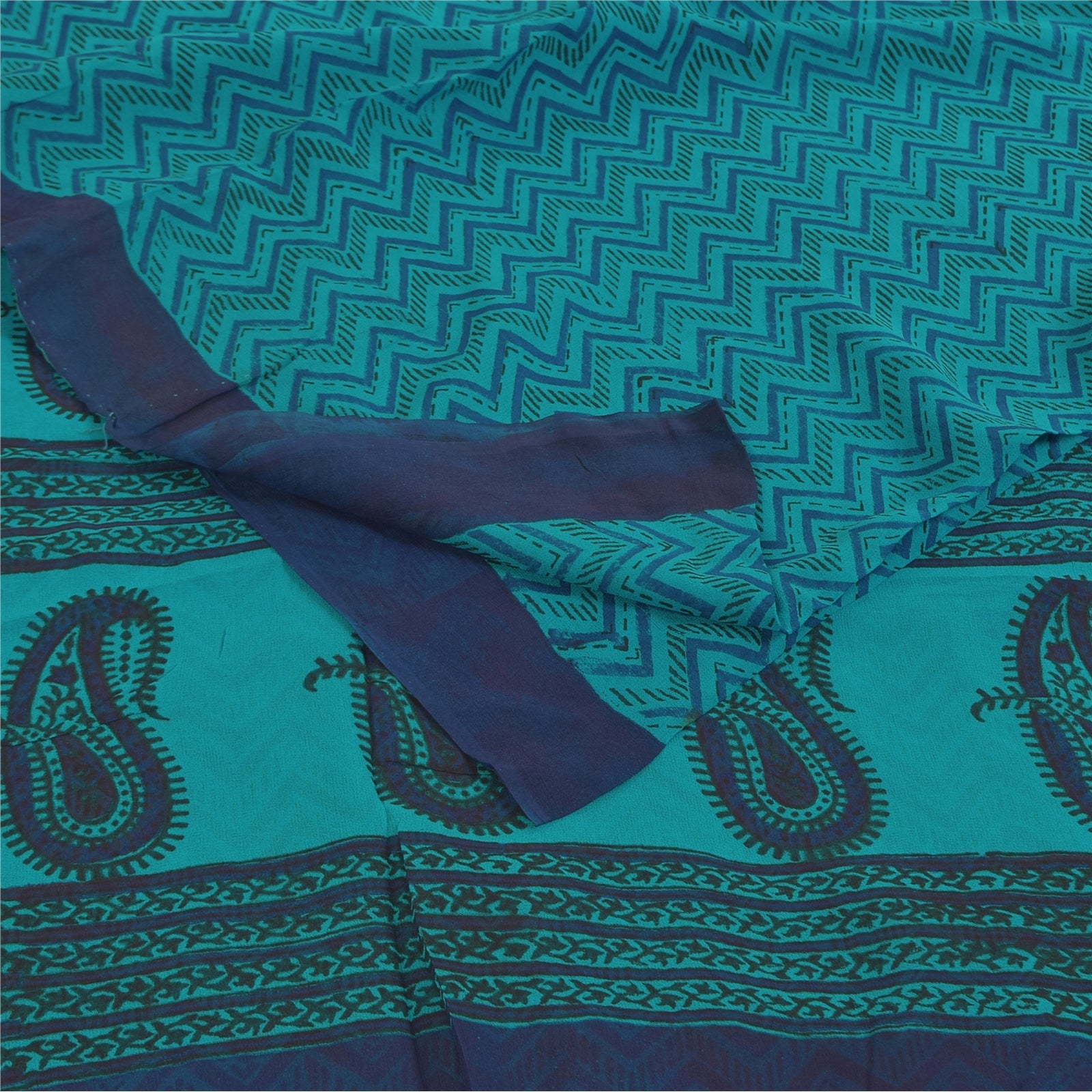 Sanskriti Vintage Sarees Blue Pure Georgette Hand Block Printed Sari 5+yd Sustainable Fabric