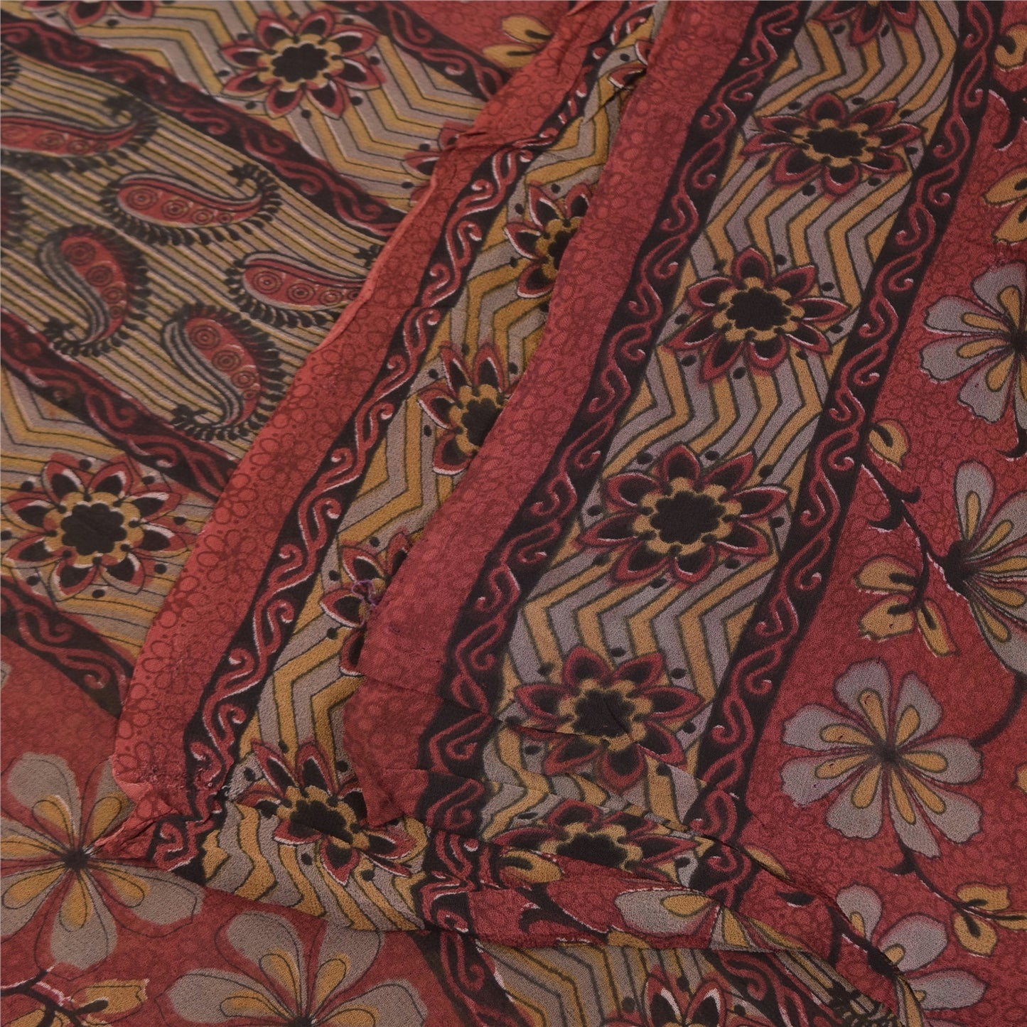 Sanskriti Vintage Sarees Red Pure Georgette Silk Printed Sari 5+yd Craft Sustainable Fabric