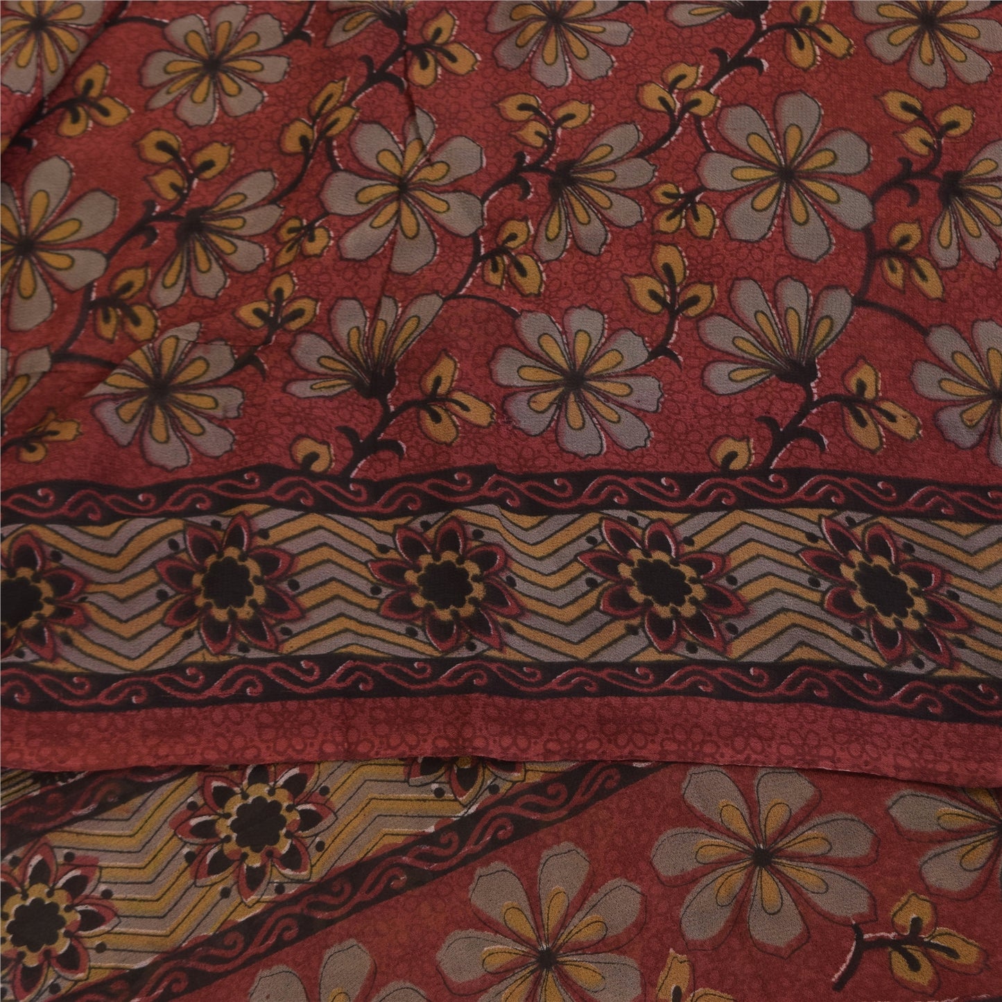 Sanskriti Vintage Sarees Red Pure Georgette Silk Printed Sari 5+yd Craft Sustainable Fabric