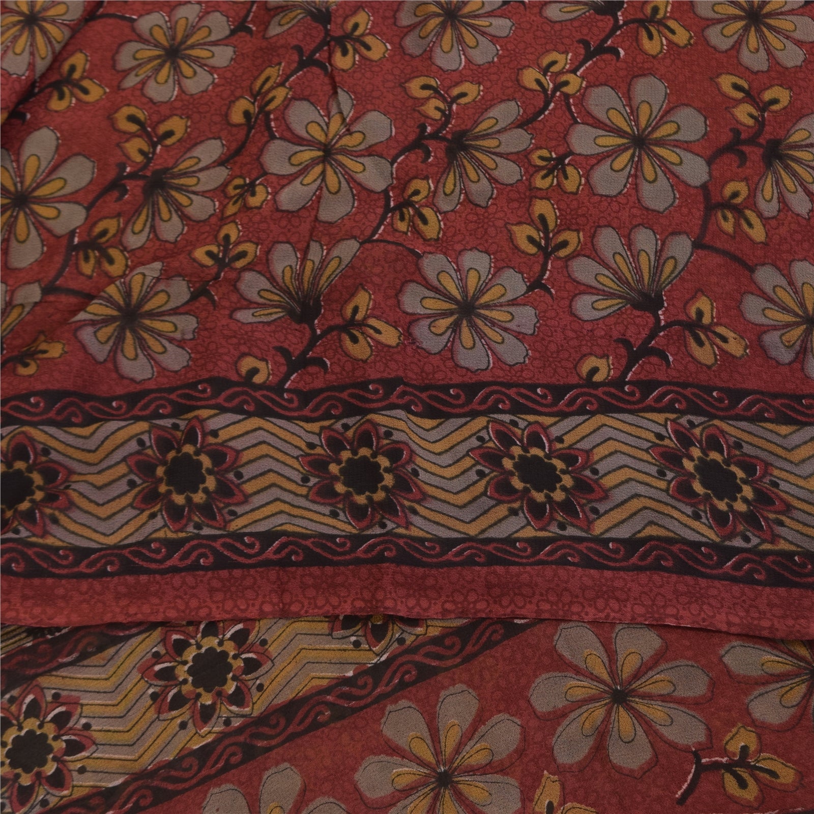 Sanskriti Vintage Sarees Røde Ren Georgette Silke Trykt Sari 5+ yard Håndværk Bæredygtigt Stoff