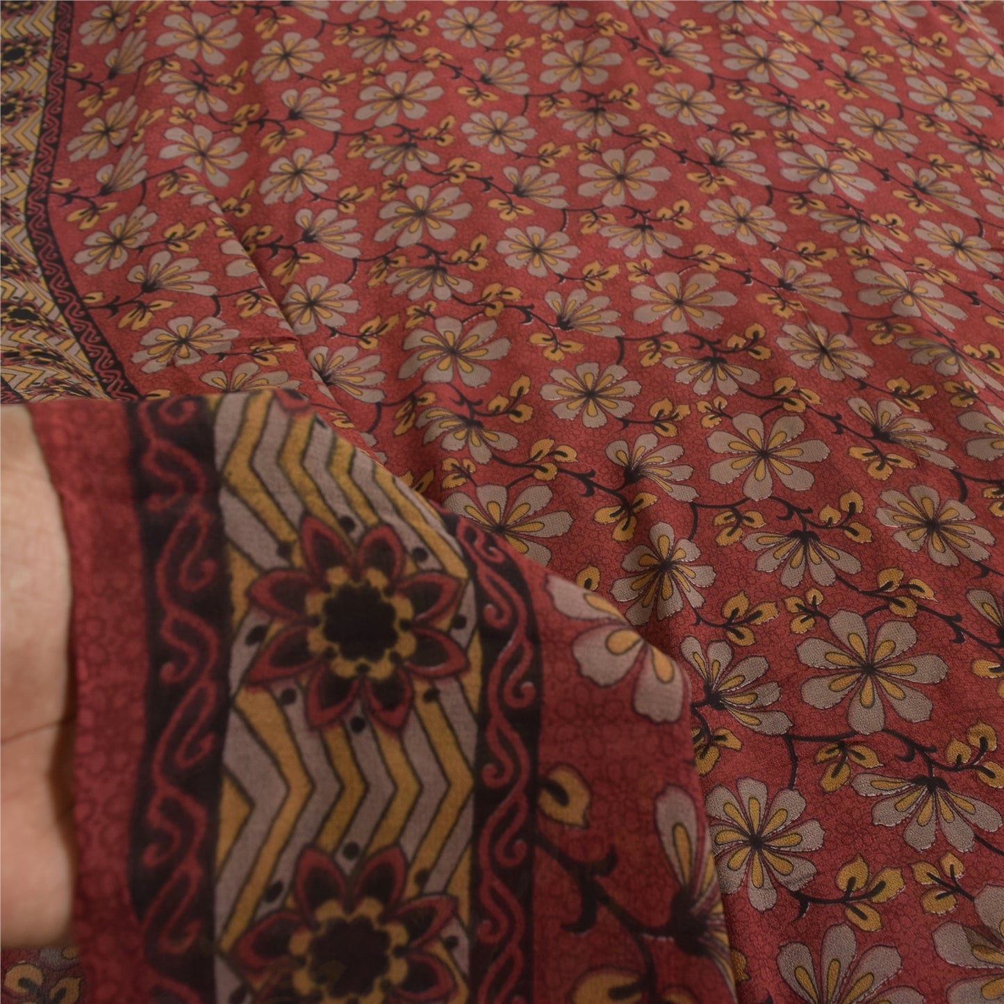 Sanskriti Vintage Sarees Red Pure Georgette Silk Printed Sari 5+yd Craft Sustainable Fabric