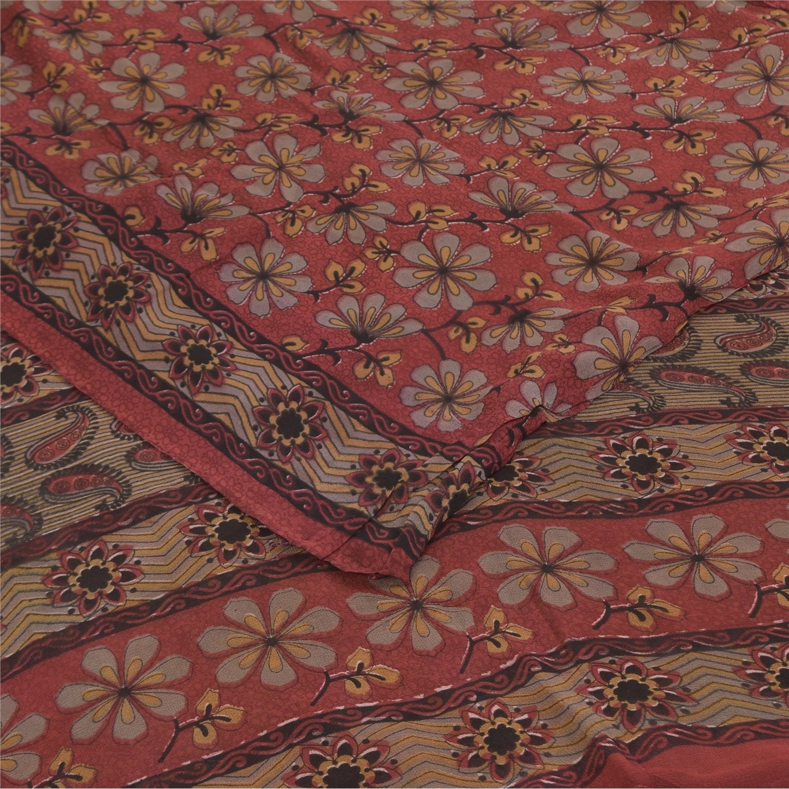 Sanskriti Vintage Sarees Røde Ren Georgette Silke Trykt Sari 5+ yard Håndværk Bæredygtigt Stoff