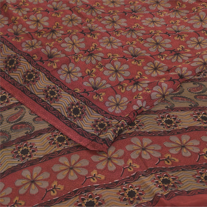 Sanskriti Vintage Sarees Red Pure Georgette Silk Printed Sari 5+yd Craft Sustainable Fabric
