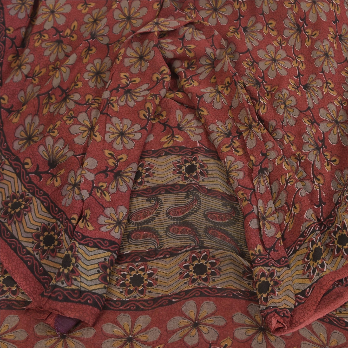 Sanskriti Vintage Sarees Red Pure Georgette Silk Printed Sari 5+yd Craft Sustainable Fabric