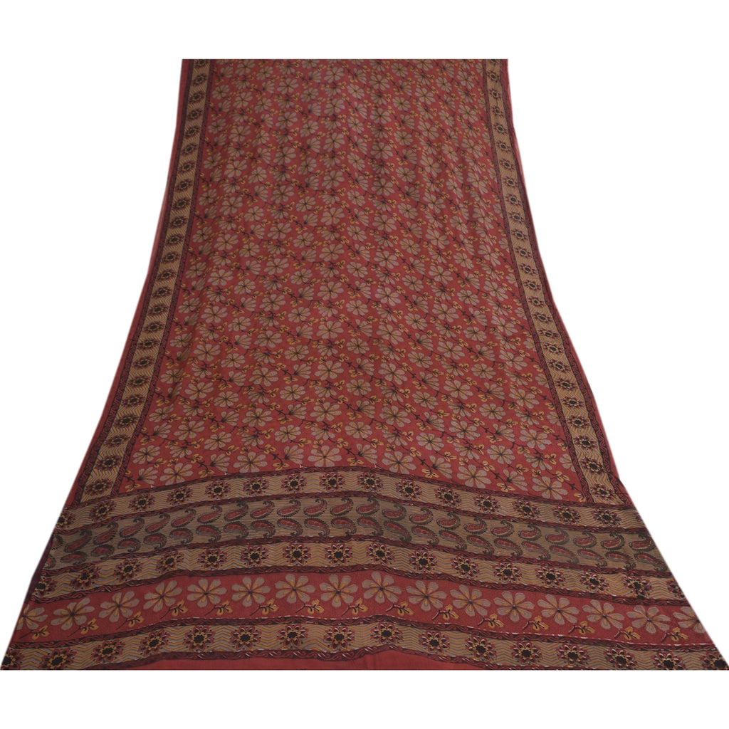 Sanskriti Vintage Sarees Red Pure Georgette Silk Printed Sari 5+yd Craft Sustainable Fabric