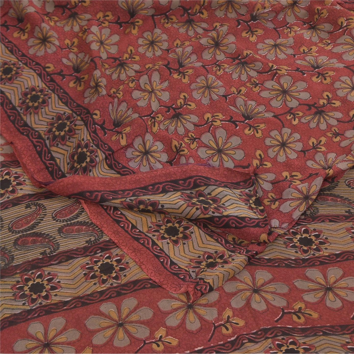 Sanskriti Vintage Sarees Red Pure Georgette Silk Printed Sari 5+yd Craft Sustainable Fabric