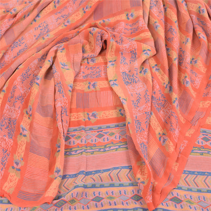 Sanskriti Vintage Sarees Peach Pure Georgette Silk Print Sari 5+yd Craft Fabric
