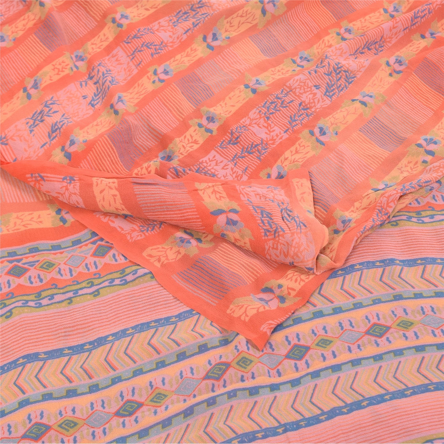 Sanskriti Vintage Sarees Peach Pure Georgette Silk Print Sari 5+yd Craft Fabric