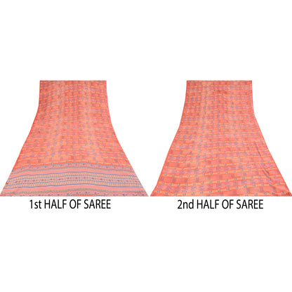 Sanskriti Vintage Sarees Peach Pure Georgette Silk Print Sari 5+yd Craft Fabric