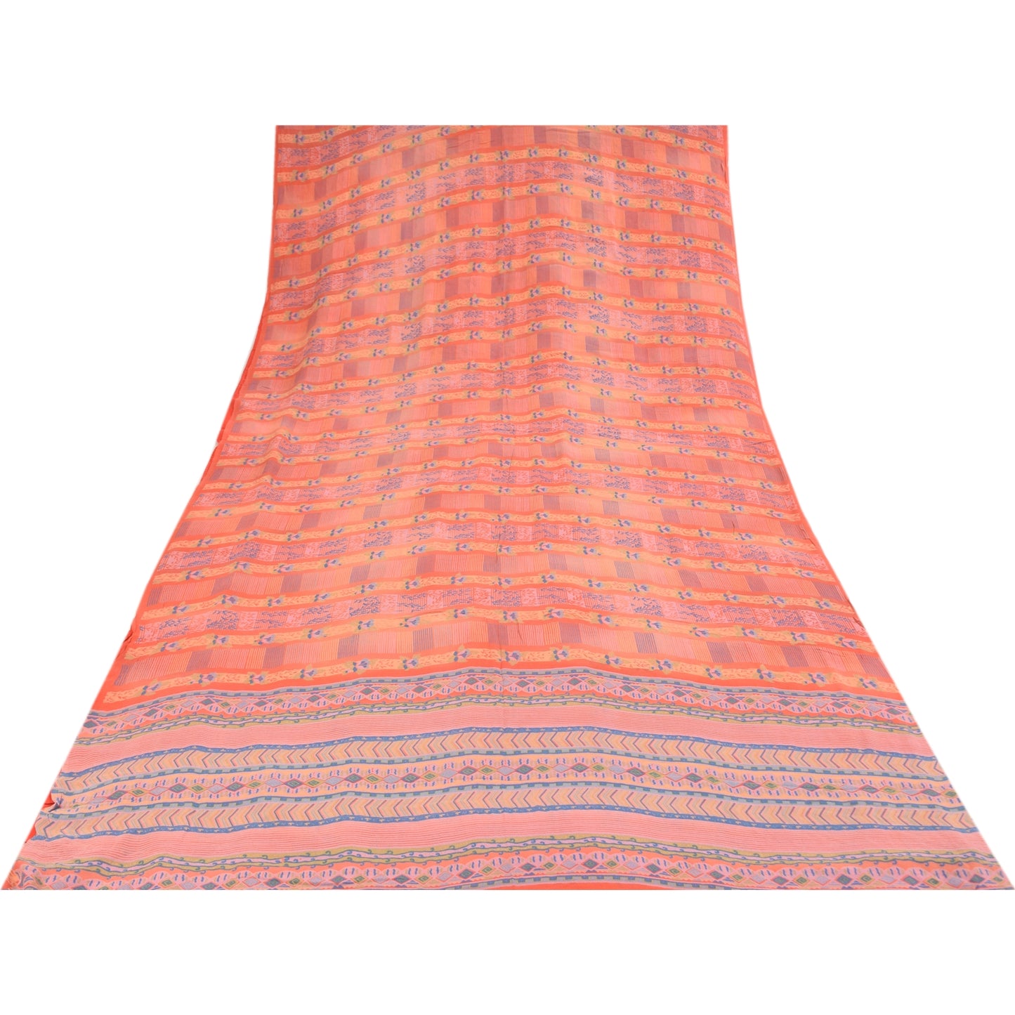 Sanskriti Vintage Sarees Peach Pure Georgette Silk Print Sari 5+yd Craft Fabric