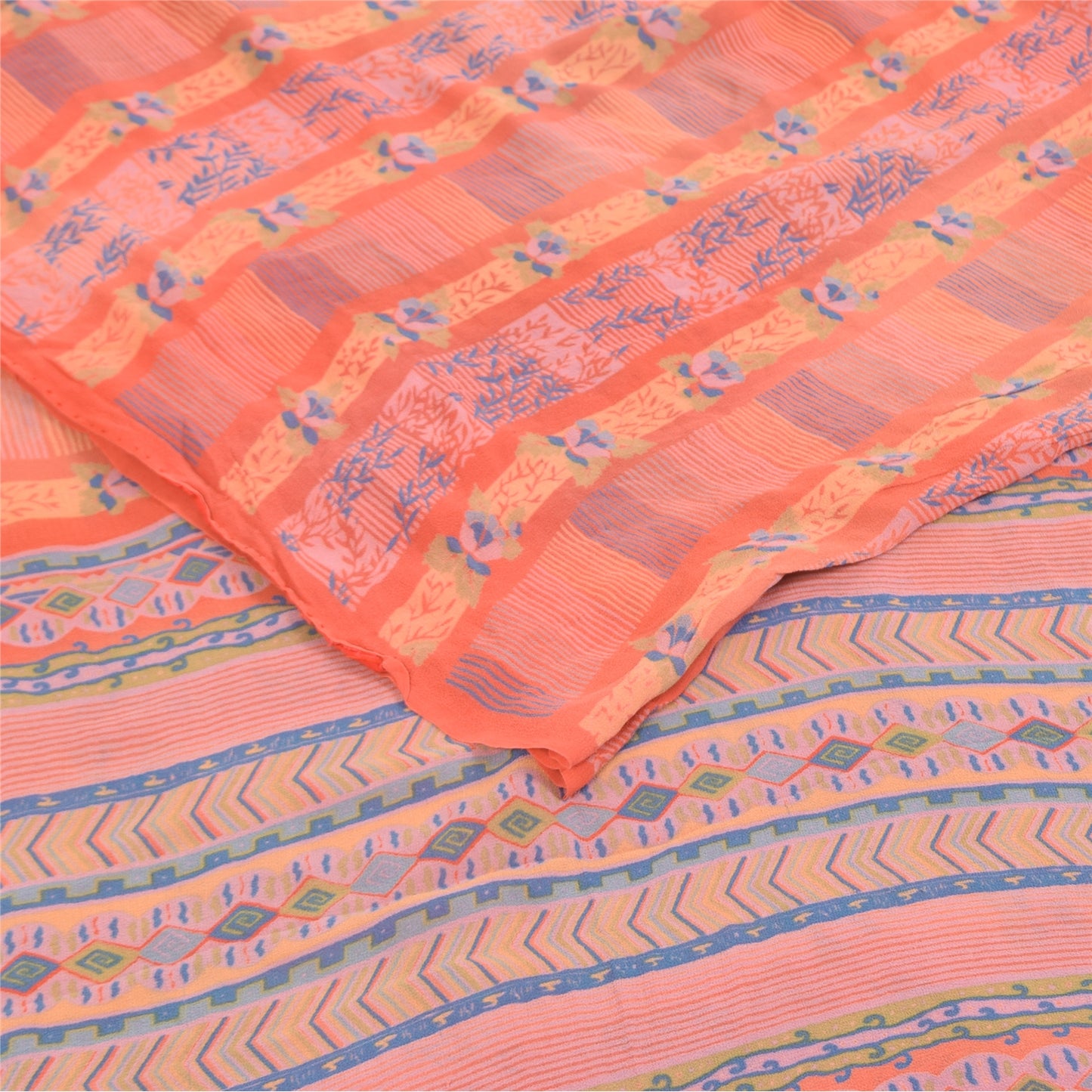 Sanskriti Vintage Sarees Peach Pure Georgette Silk Print Sari 5+yd Craft Fabric