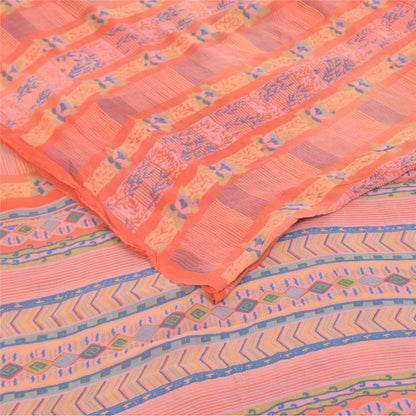 Sanskriti Vintage Sarees Peach Pure Georgette Silk Print Sari 5+yd Craft Fabric