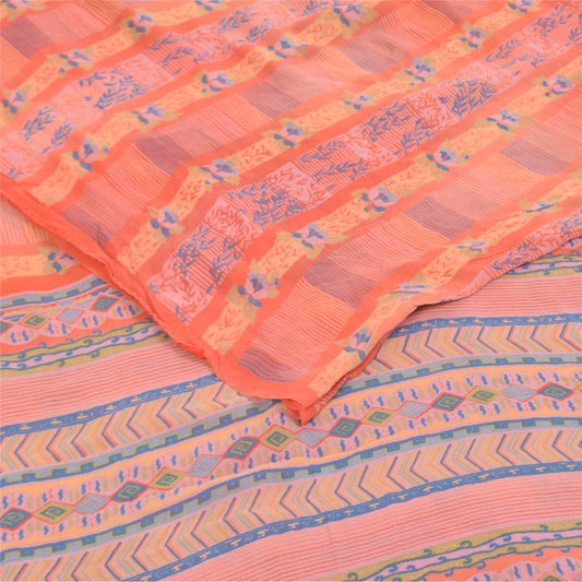 Sanskriti Vintage Sarees Peach Pure Georgette Silk Print Sari 5+yd Craft Fabric