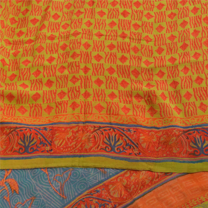 Sanskriti Vintage Sarees Green & Orange Pure Georgette Printed Sari 5+yd Sustainable Fabric