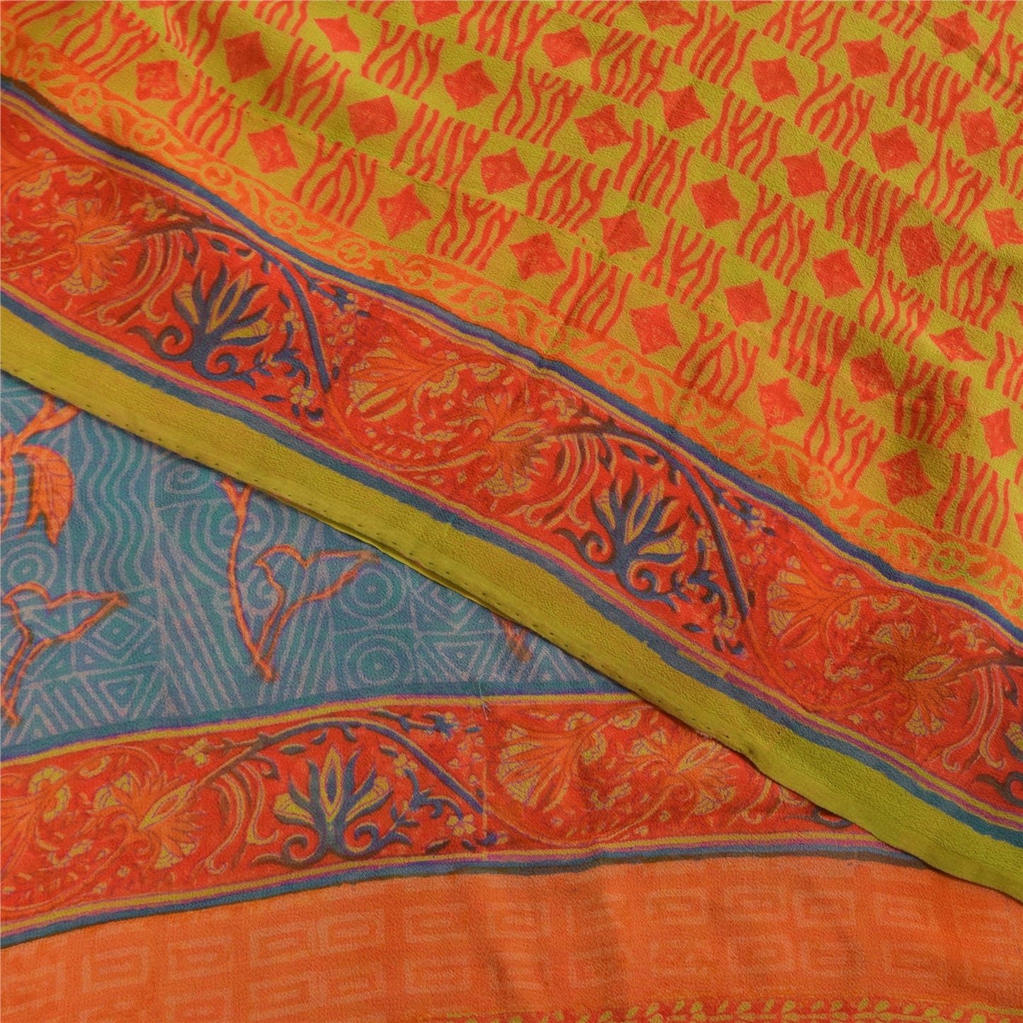 Sanskriti Vintage Sarees Green & Orange Pure Georgette Printed Sari 5+yd Sustainable Fabric