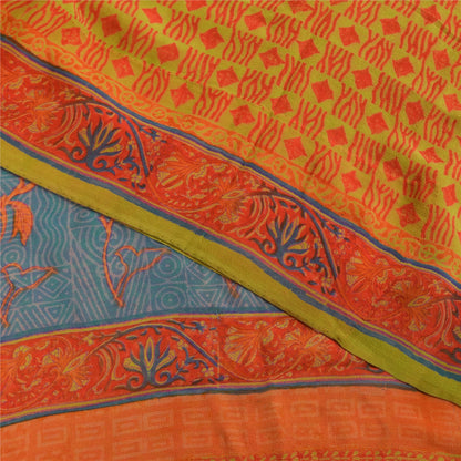 Sanskriti Vintage Sarees Green & Orange Pure Georgette Printed Sari 5+yd Sustainable Fabric