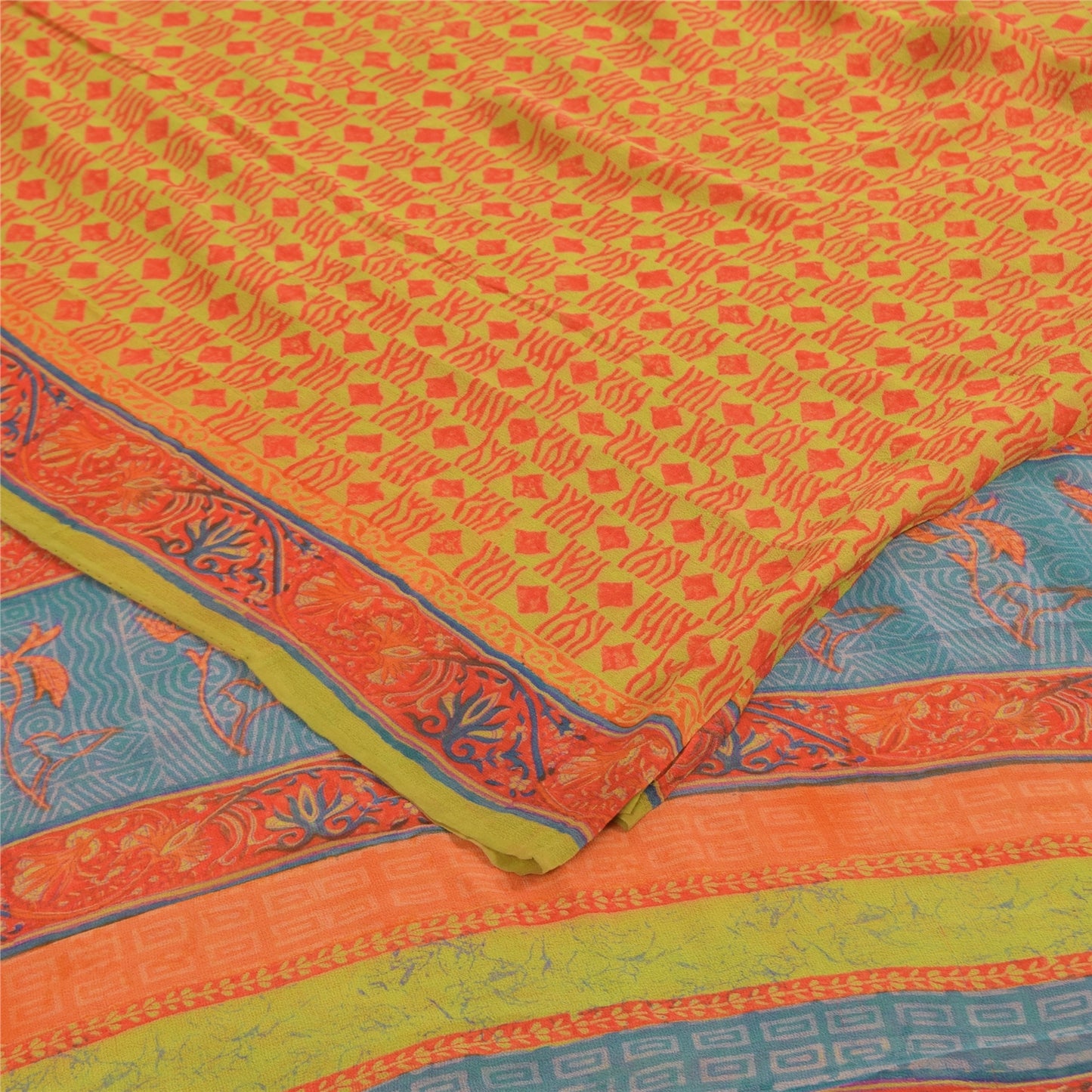 Sanskriti Vintage Sarees Green & Orange Pure Georgette Printed Sari 5+yd Sustainable Fabric